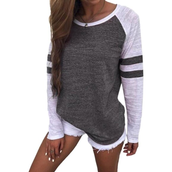 🆕Women Dark Grey Cotton Blend Long Sleeve Baseball Tee Shirt Color block - Picture 1 of 3